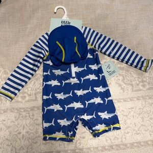 Little Kids' Blue Shark-Print Long Sleeve One-Piece Swimsuit with Hat